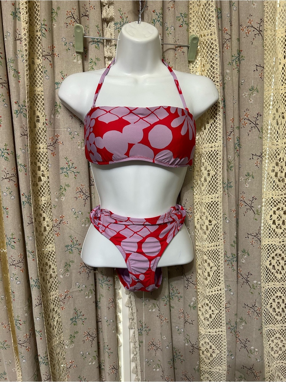 Trina Turk Bikini Set Size 4 Small Red Pink Tropical Bandeau Swimsuit‎